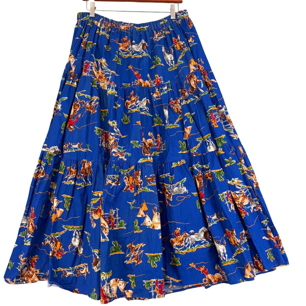 Broco Billy's Vintage Western Cowboy Novelty Print Tiered Maxi Skirt Blue Sz 36